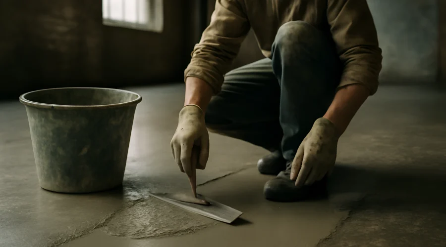 Worker smoothing wet concrete floor