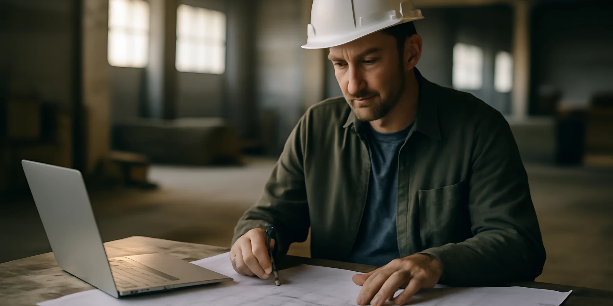 Engineer reviewing blueprints on construction site