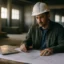 Engineer reviewing blueprints on construction site