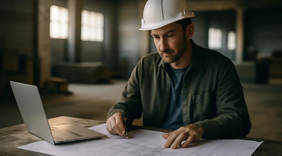 Engineer reviewing blueprints on construction site