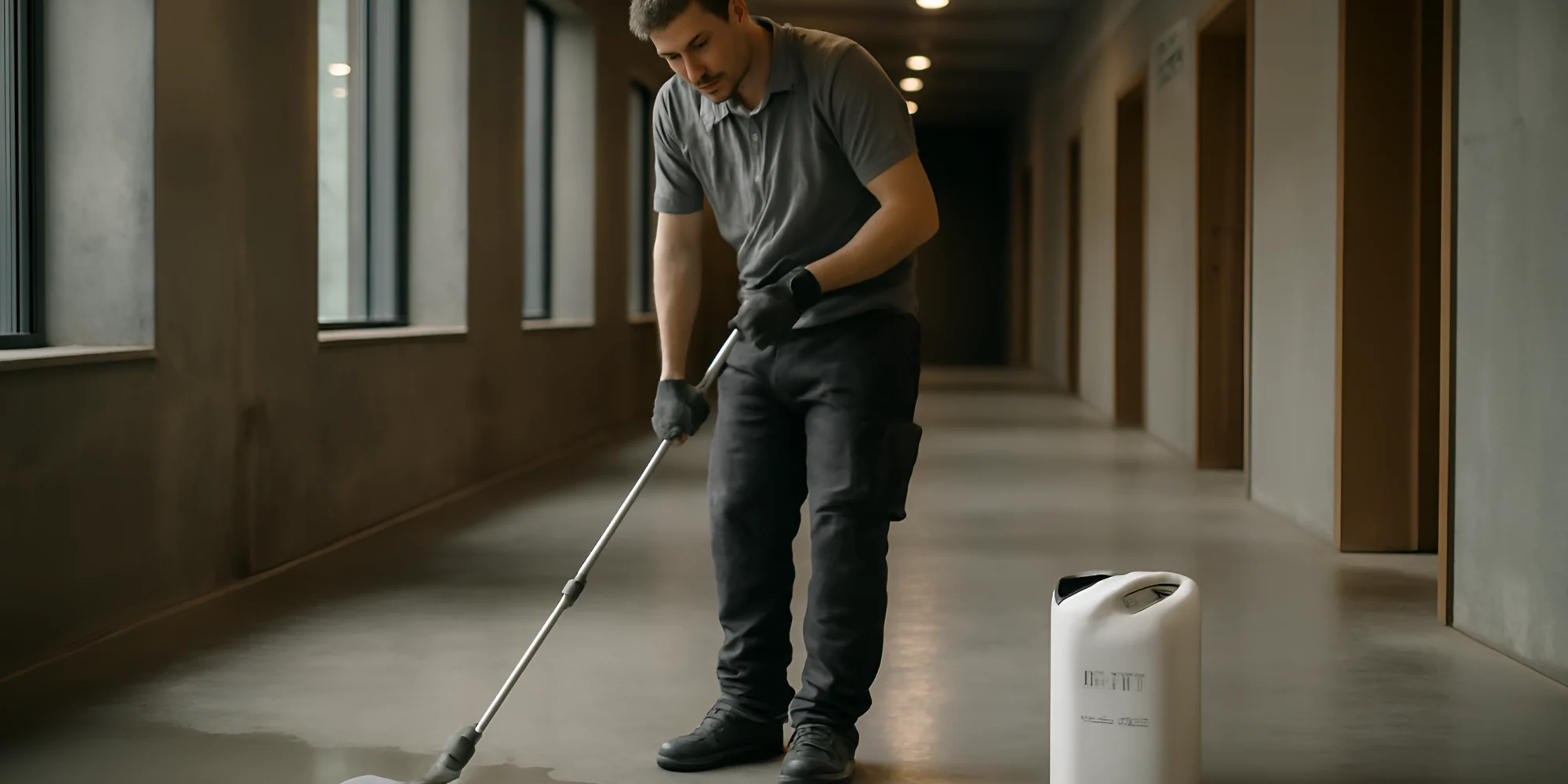 Man cleaning hallway floor with mop