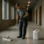 Man cleaning hallway floor with mop