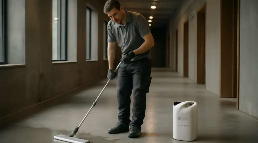 Man cleaning hallway floor with mop