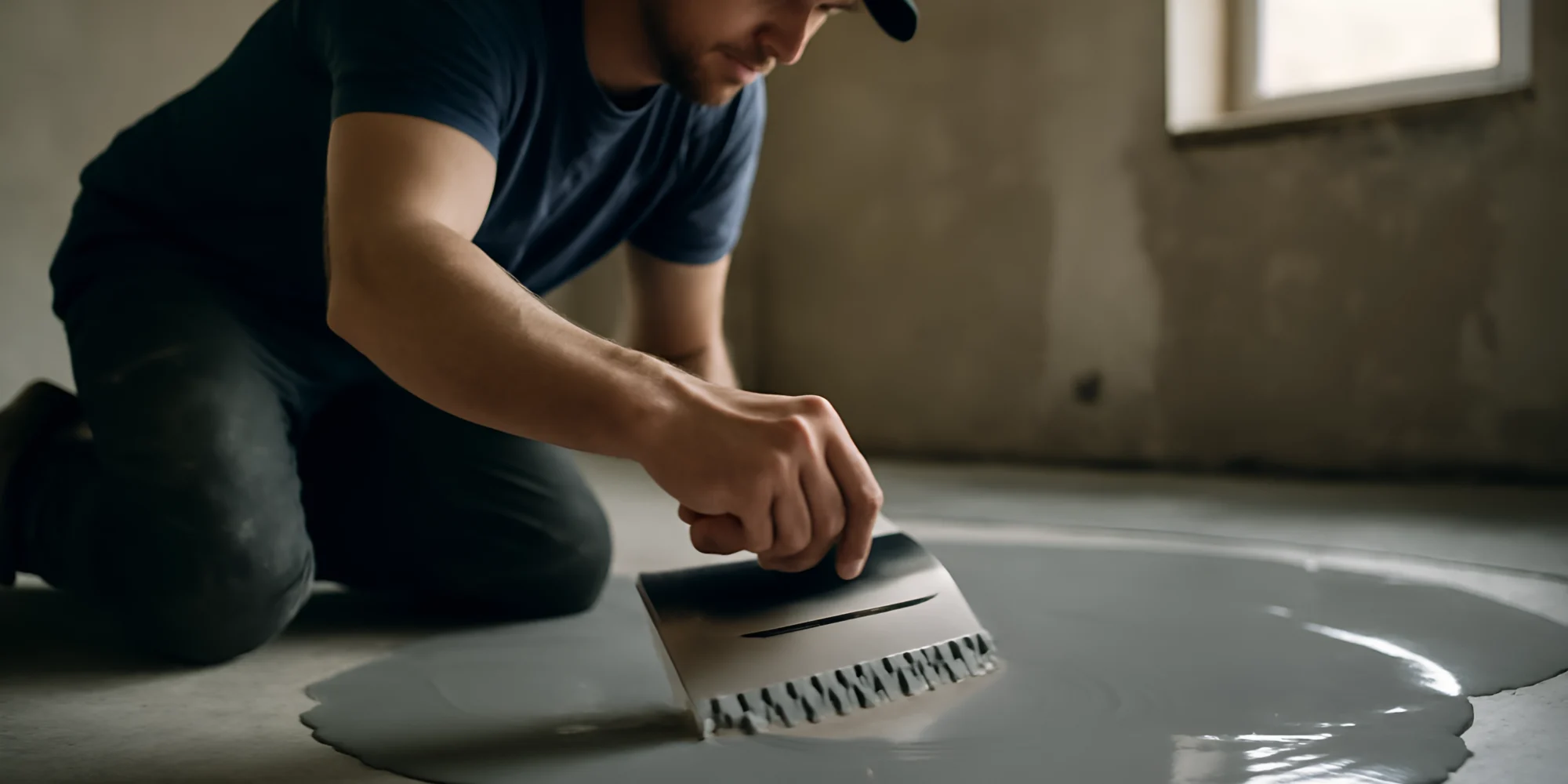 Man applying epoxy floor coating indoors