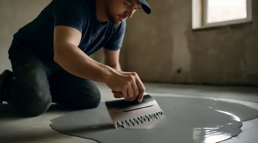 Man applying epoxy floor coating indoors