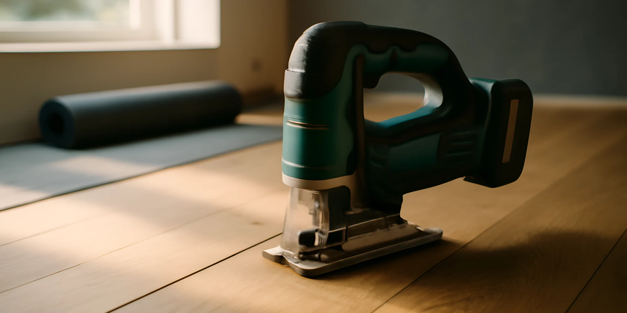 Cordless jigsaw cutting wooden floor