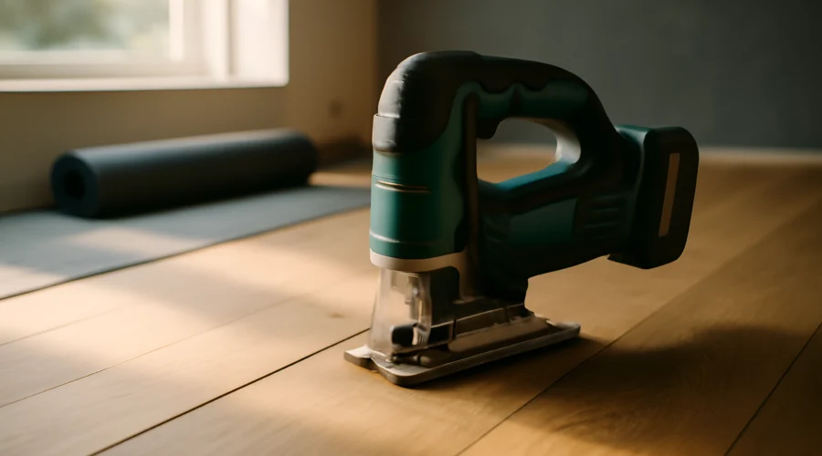Cordless jigsaw cutting wooden floor