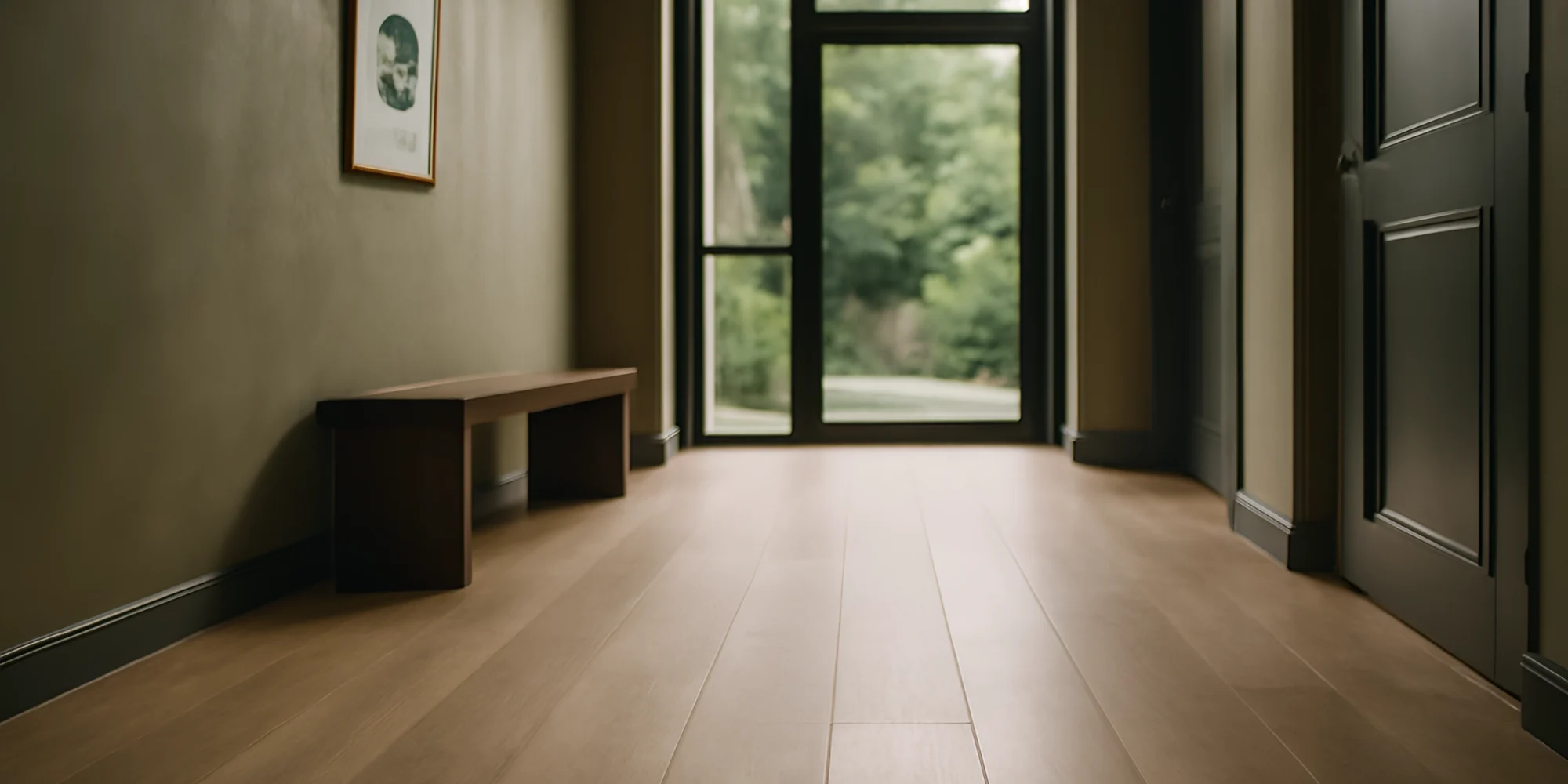 Minimalist hallway wood flooring window bench