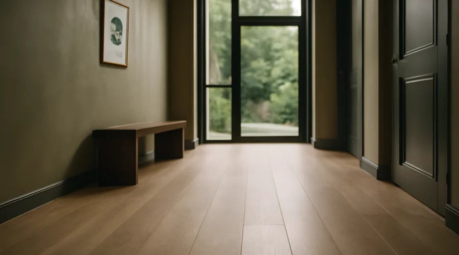 Minimalist hallway wood flooring window bench