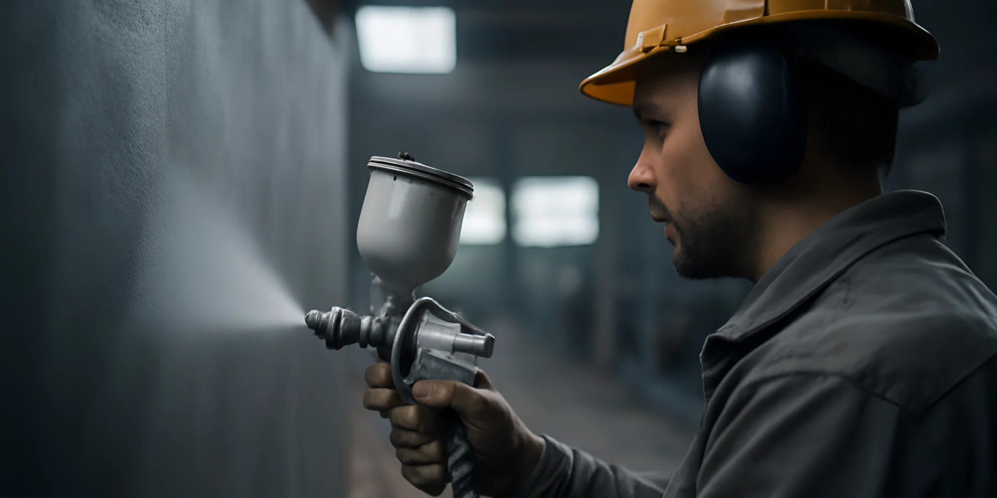 Worker spray painting gray wall industrial