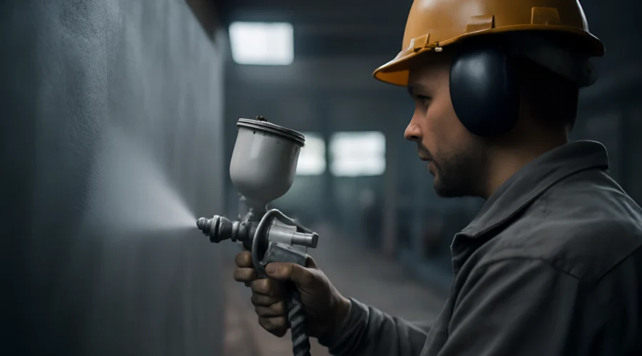 Worker spray painting gray wall industrial