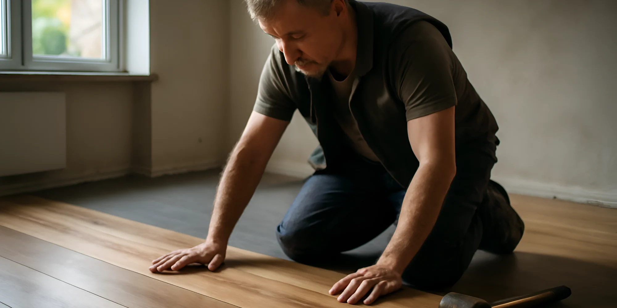 Installing wooden flooring with rubber mallet
