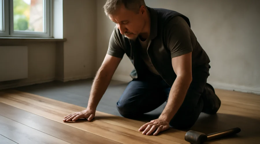 Installing wooden flooring with rubber mallet