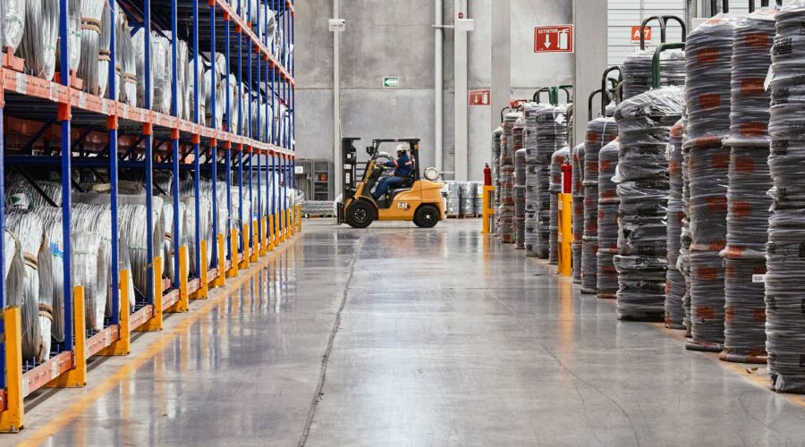 Ett nyrenoverat och jämnt betonggolv i en stor lagerlokal där en gaffeltruck kör mellan pallställage.